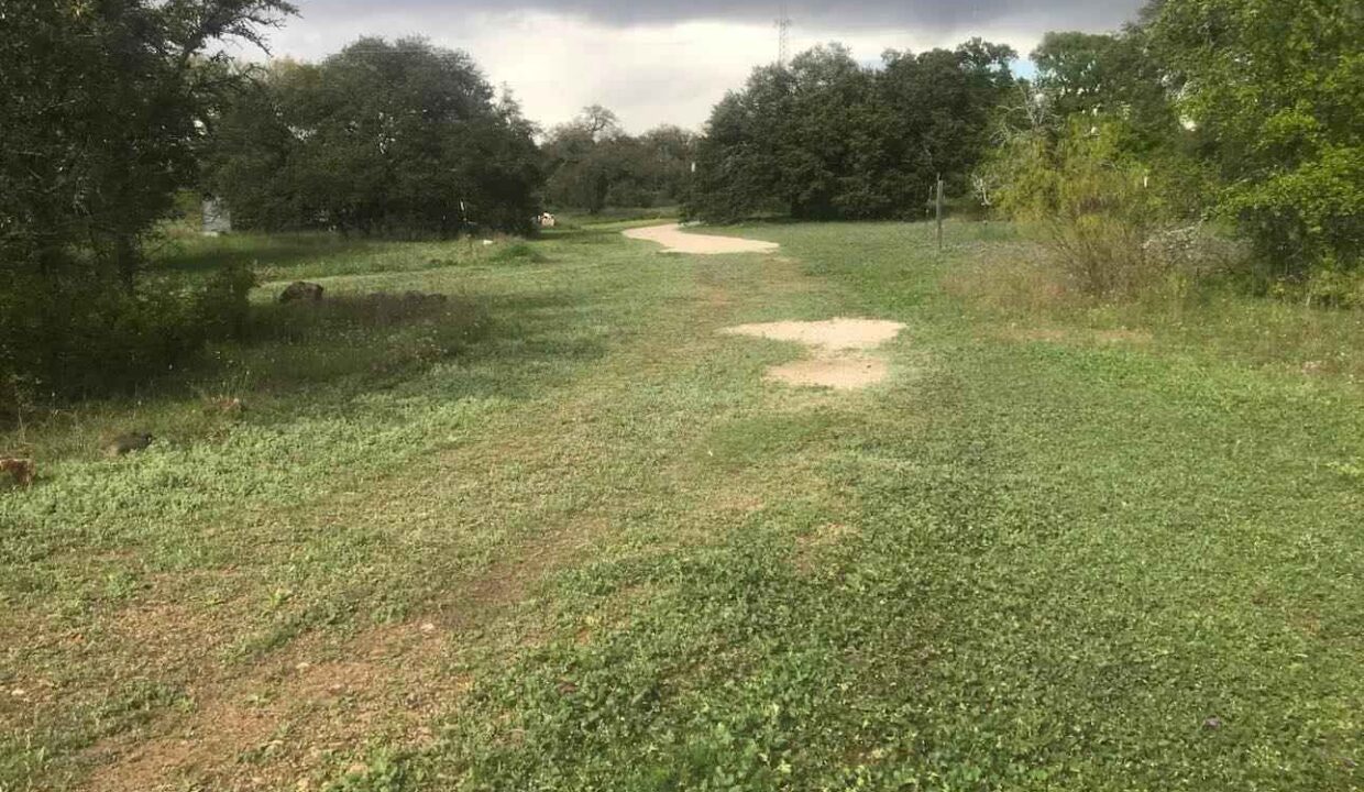A dirt and gravel path winds through a grassy, green field bordered by trees under a cloudy sky. The path appears uneven and patchy, with overgrown vegetation on both sides.