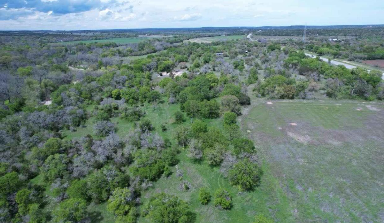 Aerial view of a rural landscape with dense green trees, open grassy fields, and a winding road on the right; cloudy sky stretches across the horizon.