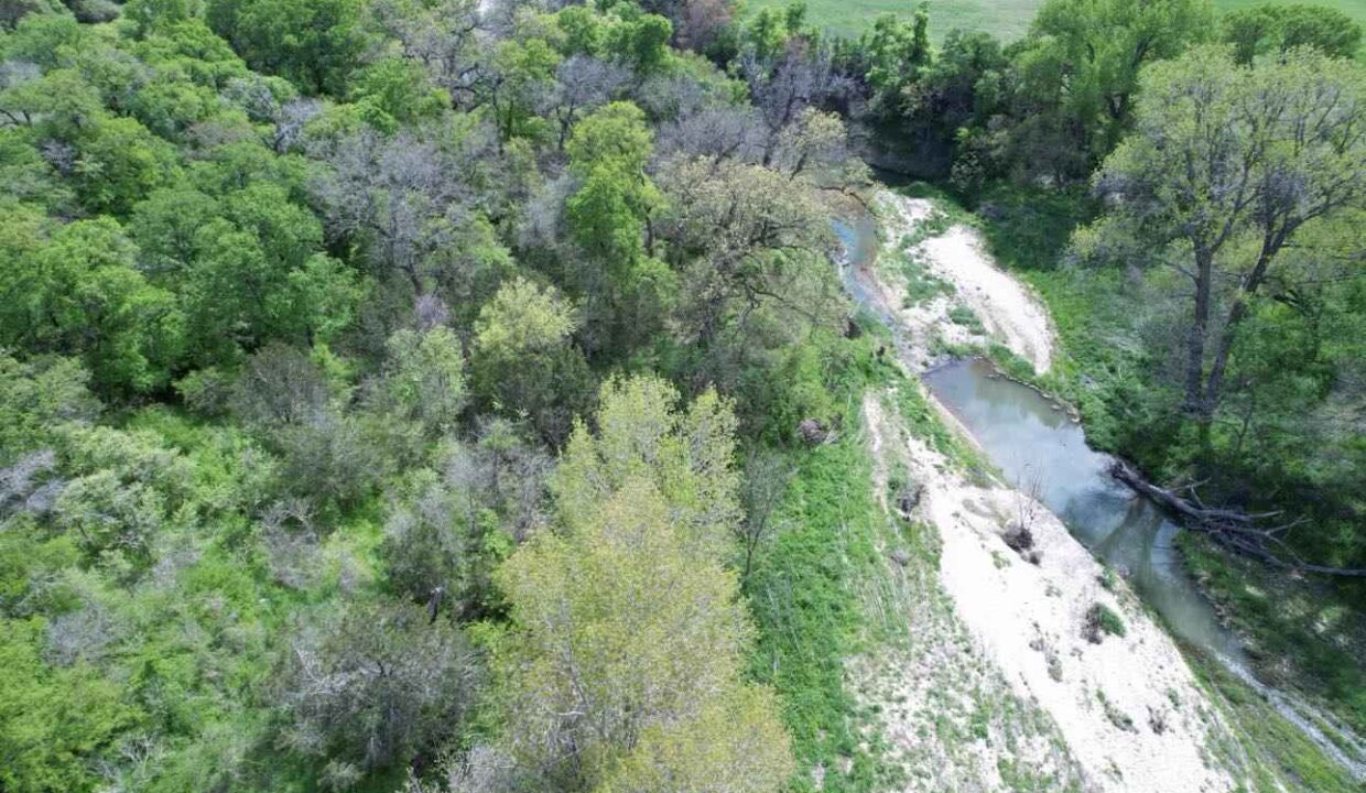 Aerial view of a lush green forest with a narrow, winding creek bordered by sandy banks and surrounded by trees, with open grassy fields in the background.