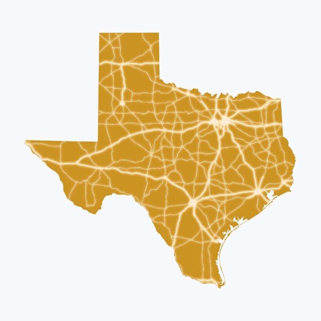 A golden outline of Texas is filled with a network of glowing white lines representing major highways and roads across the state, set against a light gray background.