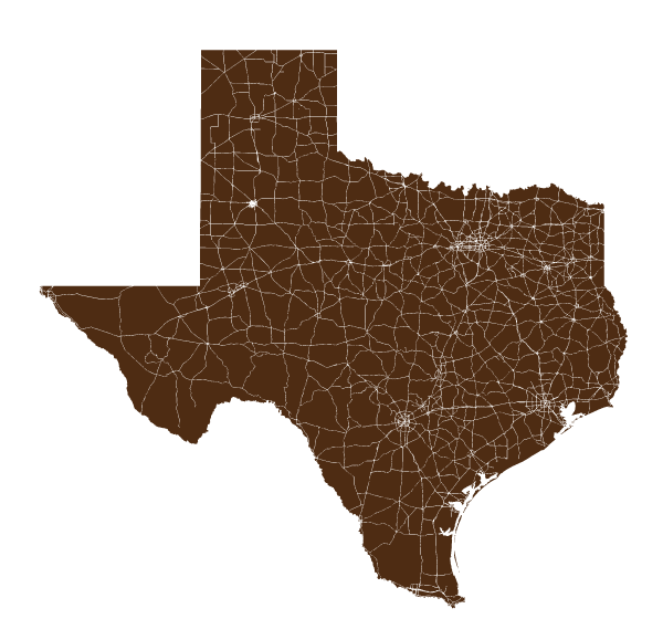A brown outline map of Texas showing detailed highways and roads in white on a plain white background.